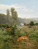 Josef Schmitzberger, Hunting scene with a roebuck, oil on canvas