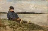 Eugen Jettel, Boy sitting by a river, oil on panel