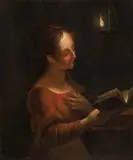 Woman reading in candle light by follower of Godfried Schalcken, oil on canvas; relined, sold Feb 2016