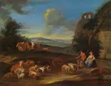 attributet to Albert Christoph Dies, Landscape with sheperds and flock, oil on canvas
