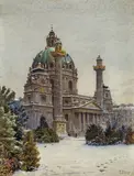 Ernst Graner, Wien, Karlskirche im Winter, 1917, Aquarell auf Papier