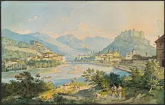 Georg Köbel, Blick auf Salzburg, 1842, Aquarell auf Papier, gerändert mit schwarzer Tusche