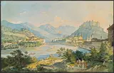 Georg Köbel, Blick auf Salzburg, 1842, Aquarell auf Papier, gerändert mit schwarzer Tusche