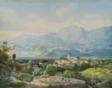 Wilhelm Scheuchzer, Blick auf Gries bei Bozen (Südtirol), Aquarell auf Papier