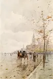 Aurelio Catti, Straßenszene mit Kutsche, Aquarell auf Papier