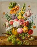 Blumenbouquet mit Trauben und Vogelnest by circle of Joseph Nigg, Öl auf Leinwand, sold Feb 2016