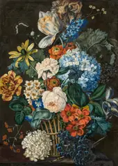 Leopold Zinnögger, Blumenstillleben mit Trauben, Gouache auf Papier auf Karton