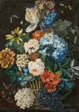 Leopold Zinnögger, Blumenstillleben mit Trauben, Gouache auf Papier auf Karton