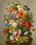 Stillleben mit Blumen und Früchten by circle of Joseph Nigg, Öl auf Leinwand, sold Feb 2016