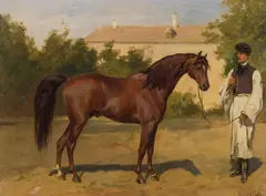 Wilhelm Richter, Racehorse with Hungarian herder, oil on canvas
