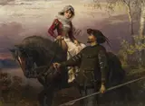 Karl Schweninger, Lady on horseback with cavalier, oil on canvas
