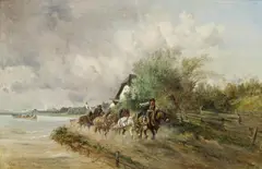 Ignaz Ellminger, Horses towing boats, oil on canvas
