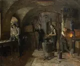 Carl Probst, In der Schmiede, 1918, Öl auf Karton