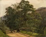 Landschaft mit Hirtin und kleiner Herde by circle of Friedrich Gauermann, Öl auf Papier auf Leinwand, offered Feb 2016