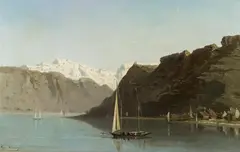 Eugène Deshayes, Mountain lake with fishing boats, oil on canvas