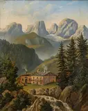 Josef Blaha, Konvolut: Landschaft mit Bauernhaus; Wasserfall, 1862, Öl auf Leinwand