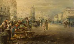 Emil Barbarini, The poultry market, oil on panel