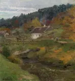 Hugo Darnaut, Farm by a stream, 1917, oil on vancas on cardboard