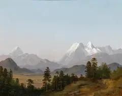 Markus Pernhart, Blick von Kamnik/Stein auf die Steiner Alpen mit Storzic, Jezerska Kocna, Grintovec und Skuta (Slowenien), Öl auf Leinwand