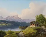 Markus Pernhart, Blick über den Wörthersee und die Pörtschacher Halbinsel auf den Mittagskogel mit dem Kathreinkogel (Kapellenberg), Öl auf Leinwand