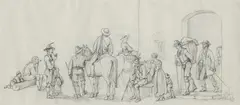 Markus Pernhart, Aufbruch der Reisenden/Jagdgesellschaft (Vorder- und Rückseite), Bleistift auf Papier