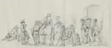 Markus Pernhart, Aufbruch der Reisenden/Jagdgesellschaft (Vorder- und Rückseite), Bleistift auf Papier