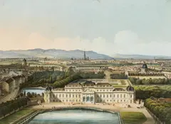 Pendants: Belvedere und Schloss Schönbrunn by Franz Xaver Joseph Sandmann, Kolorierte Lithographien, sold Feb 2016
