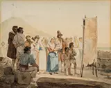 Joseph Coiny, Das Kasperltheater vor dem Vesuv, 1828, Aquarell auf Papier