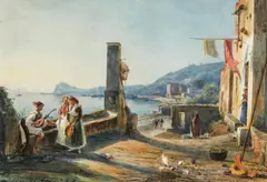 Antonie Sminck Pitloo, Blick auf die Bucht von Neapel, 1828, Aquarell auf Papier