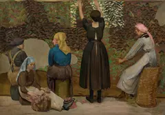 Leon Underwood, Arbeiterinnen beim Trocknen von Tabakblättern, Öl auf Leinwand