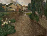 Eduard Ameseder, Kanallandschaft mit Gänsen, Öl auf Leinwand