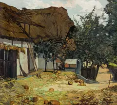Josef Stoitzner, Gehöft im Burgenland, Öl auf Karton