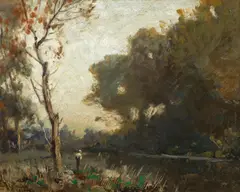 Ludwig Willroider, Fischer am Fluss, Öl auf Karton
