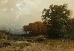 Ludwig Willroider, Landschaft mit Figuren- und Tierstaffage, Öl auf Leinwand