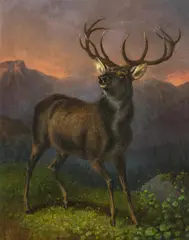 Carl Steffeck, Zwölfender vor Gebirgskulisse, Öl auf Leinwand