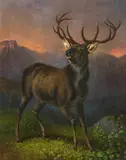 Carl Steffeck, Zwölfender vor Gebirgskulisse, Öl auf Leinwand