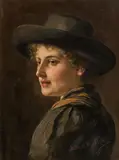 Emma Edle V. Seehofen Müller, Porträt eines jungen Mädchens mit Hut, Öl auf Holz