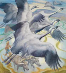 Norbertine Bresslern-Roth, Kraniche, 1967, oil on jute