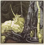 Norbertine Bresslern-Roth, Einhorn, Farblinolschnitt auf Papier