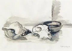 Ferdinand Stransky, Stillleben mit Muschel und Totenschädel, 1981, Aquarell, Tusche auf Papier; ungerahmt