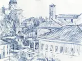 Alfred Wickenburg, Konvolut: Vier Zeichnungen ("Blick vom Neptunbrunnen", 1948; "Parkausblick", 1961; "Stadtvedute", 1961; "Dächer", 1961), Kohle auf Papier sowie Kugelschreiber auf Papier; ungerahmt