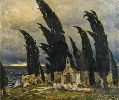 Anton Filkuka, Old cypresses (Ragusa), oil on canvas