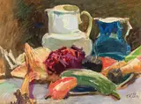 August Rieger, Still life with jugs, oil on cardboard
