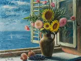 Alois Lecoque, Blumen in Vase am Fenster