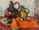 Anton Lutz, Zwei braune Tonkrüge, um 1940, Öl auf Leinwand