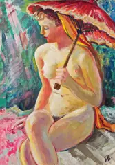 Rudolf Burger, Female nude with sun shade, oil on cardboard