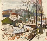 Josef Dobrowsky, Landschaft im Vorfrühling, 1937, Mischtechnik auf Papier