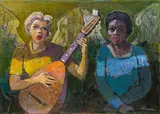 Franz Elsner, Singende Engel (links Dolores Schmidinger), um 1957, Öl auf Jute