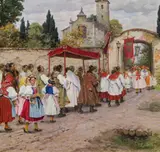 Hans Tschelan, Fronleichnamsumzug in der Slowakei, Öl auf Holz