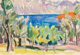 Lisl Engels, Blick auf den Attersee, Aquarell auf Papier; ungerahmt